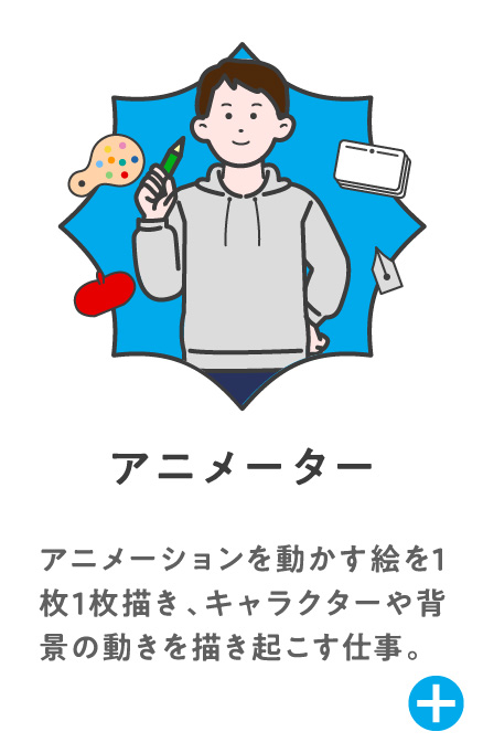 アニメーター アニメーションを動かす絵を1枚1枚描き、キャラクターや背景の動きを描き起こす仕事。