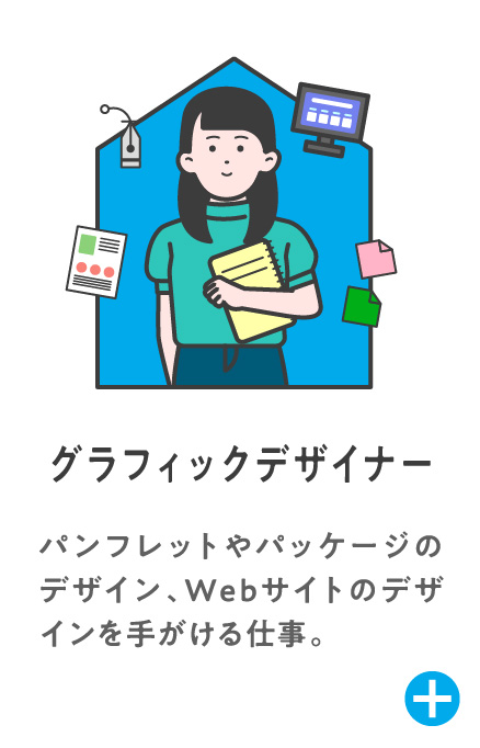 グラフィックデザイナー パンフレットやパッケージのデザイン、Webサイトのデザインを手がける仕事。