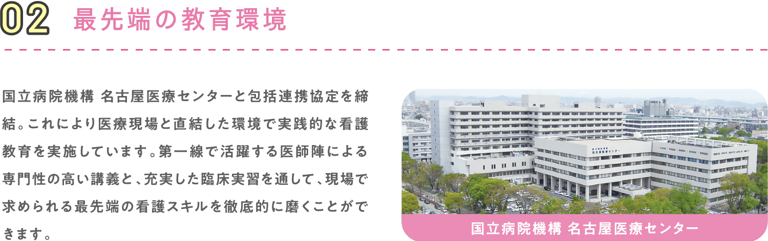 02 最先端の教育環境 国立病院機構 名古屋医療センターと包括連携協定を締結。これにより医療現場と直結した環境で実践的な看護教育を実施しています。第一線で活躍する医師陣による専門性の高い講義と、充実した臨床実習を通して、現場で求められる最先端の看護スキルを徹底的に磨くことができます。