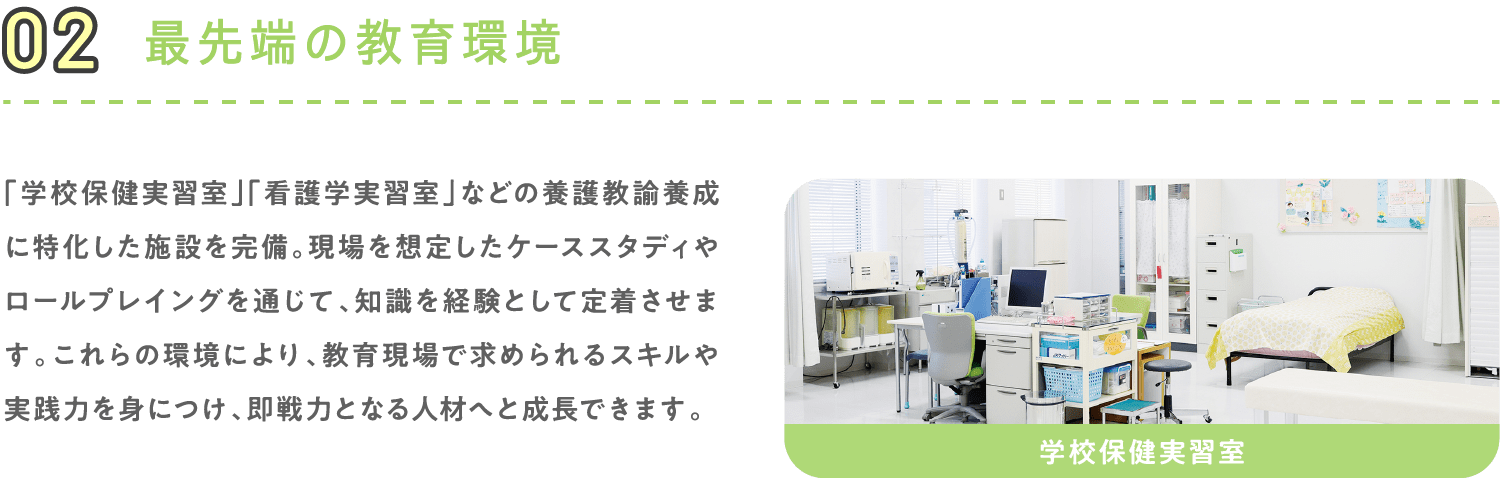 02 最先端の教育環境 「学校保健実習室」「看護学実習室」などの養護教諭養成に特化した施設を完備。現場を想定したケーススタディやロールプレイングを通じて、知識を経験として定着させます。これらの環境により、教育現場で求められるスキルや実践力を身につけ、即戦力となる人材へと成長できます。