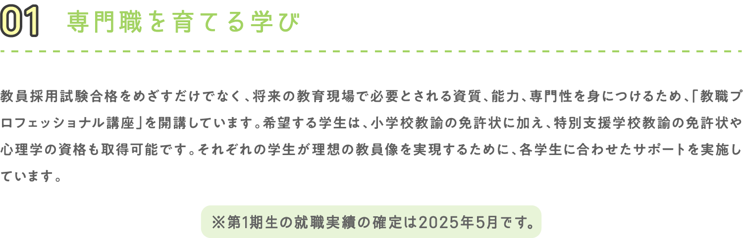 01 専門職を育てる学び 教員採用試験合格をめざすだけでなく、将来の教育現場で必要とされる資質、能力、専門性を身につけるため、「教職プロフェッショナル講座」を開講しています。希望する学生は、小学校教諭の免許状に加え、特別支援学校教諭の免許状や心理学の資格も取得可能です。それぞれの学生が理想の教員像を実現するために、各学生に合わせたサポートを実施しています。※第1期生の就職実績の確定は2025年5月です。