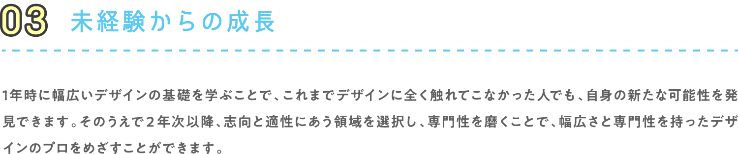 03 未経験からの成長 1年時に幅広いデザインの基礎を学ぶことで、これまでデザインに全く触れてこなかった人でも、自身の新たな可能性を発見できます。そのうえで２年次以降、志向と適性にあう領域を選択し、専門性を磨くことで、幅広さと専門性を持ったデザインのプロをめざすことができます。