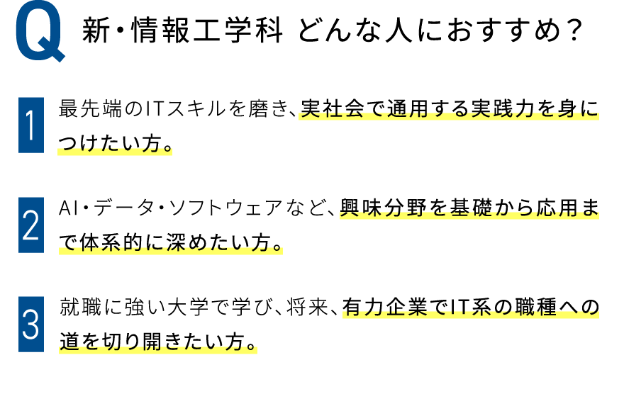 Q.新・情報工学科 どんな人におすすめ？ A1.最先端のITスキルを磨き、実社会で通用する実践力を身につけたい方。 A2.AI・データ・ソフトウェアなど、興味分野を基礎から応用まで体系的に深めたい方。 A3.就職に強い大学で学び、将来、有力企業でIT系の職種への道を切り開きたい方。