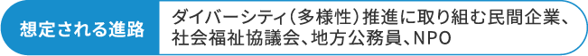 想定される進路 ダイバーシティ（多様性）推進に取り組む民間企業、社会福祉協議会、地方公務員、NPO